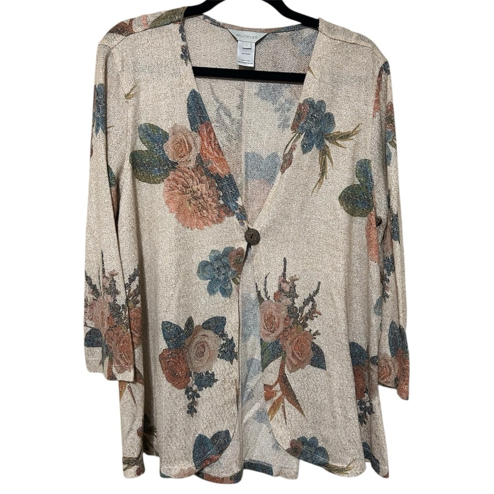 Multiples Floral Textured Knit Cardigan Topper Beige Button Front Sz L Boho